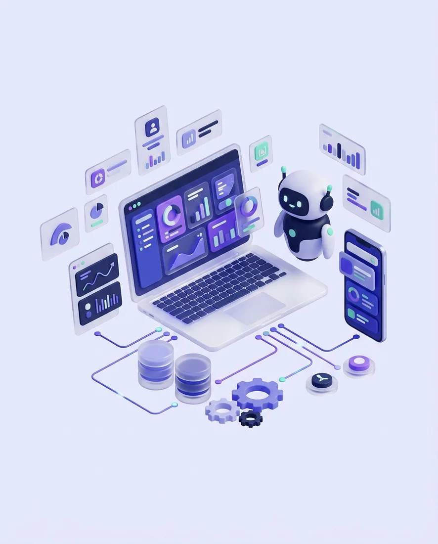 Ilustración de un ecosistema digital: laptop con tablero, app móvil, asistente virtual y bases de datos conectadas